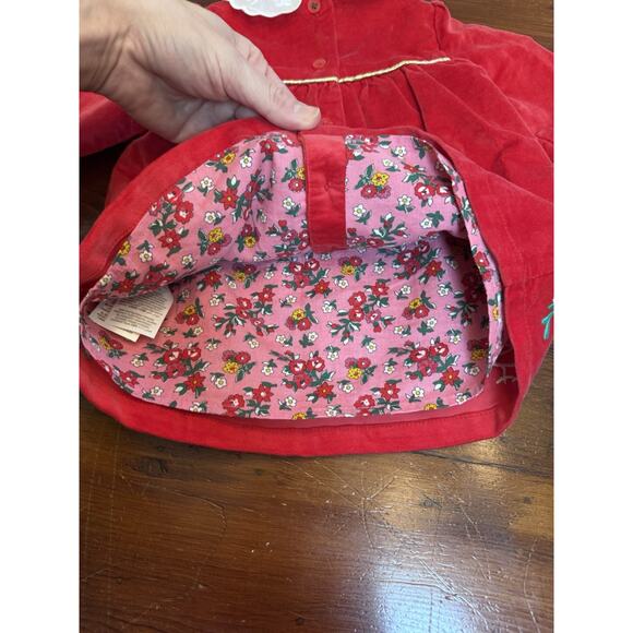 Mini Boden Appliqué Velvet Dress Poppy Red Size 0-3 Months Lined Lace Collar - Picture 6 of 11